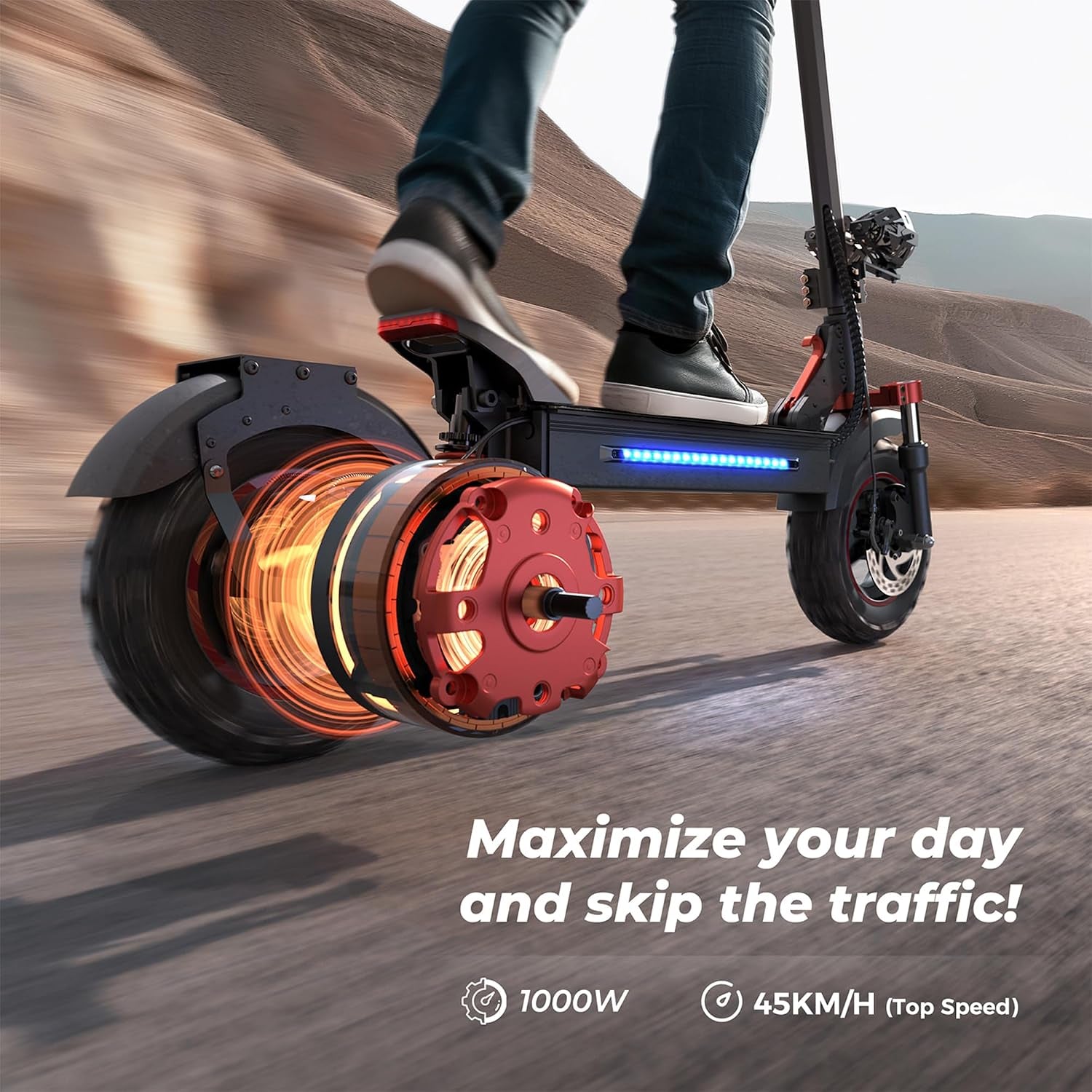 Electric Scooter for Adults, 1000W Rear Motor, up to 45 Km/H, 35–50 Km Range, Off-Road Pneumatic Tires, Dual Suspension, Disc Brakes, Foldable Commuter E-Scooter